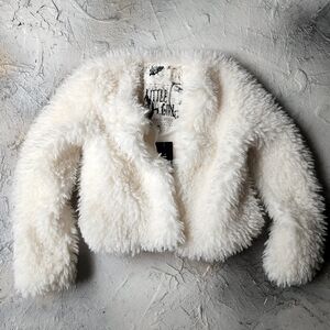 Avangard Designer Shabby Chic White Faux Fur Jacket Cottage Artisan Distressed